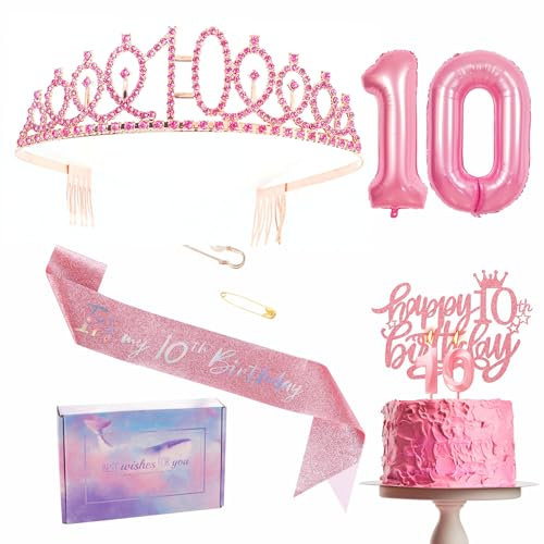 Rosa 10. Geburtstag Dekorationen für Mädchen 10. Geburtstag Schärpe und Tiara Set, 10. Geburtstag Party Schärpe Krone Geburtstag Kuchen Topper Nummer 10 Folienballons Kerzen, 10. Geburtstag Geschenke