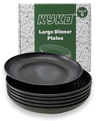 KYKO Lot de 6 assiettes plates noires réutilisables en plastique de qualité alimentaire, légères, incassables, passent au micro-ondes, au lave-vaisselle, pour enfants, adultes, pour barbecue, 22,9 cm