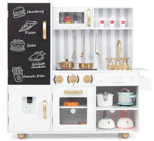 COSTWAY Kids Wooden Kitchen, Large Pretend Play Kitchen with Lights & Sounds, Blackboard, Realistic Oven, Sink, Utensils, Children Cooking Role Playset for Boys Girls