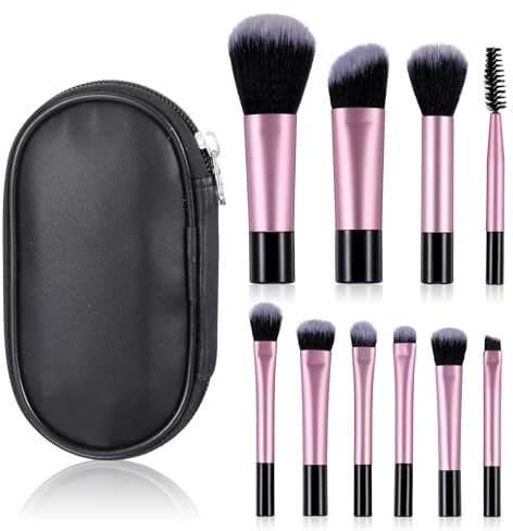 10 Stück Reise Pinselset Makeup Mini Make Up Pinsel Set mit Aufbewahrungstasche Kosmetikpinsel Set Tragbarer Schminkpinsel Set zum Bürsten von Wimpern Foundation Lidschatten Kontur Rouge
