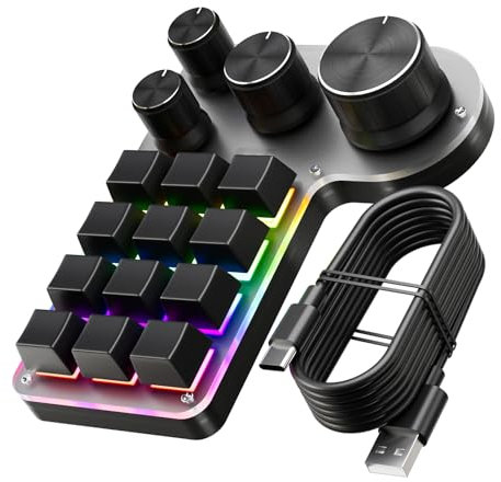 Docooler Programmable Macro Keyboard 12-Keys 4 Knob Gaming Keypad with USB Wired+BT Dual Mode Multi-Purpose Shortcut Custom Keypad for PC Desktop