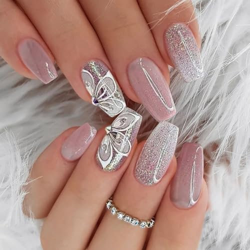 24PCS Long Coffin Acrylic Press On Nails for Women, Pink Ombre Glitter Fake Nails with Silver Butterfly Design, Reusable Full Cover Glue-On Nails, Soft & Natural Look for DIY Professional Manicure