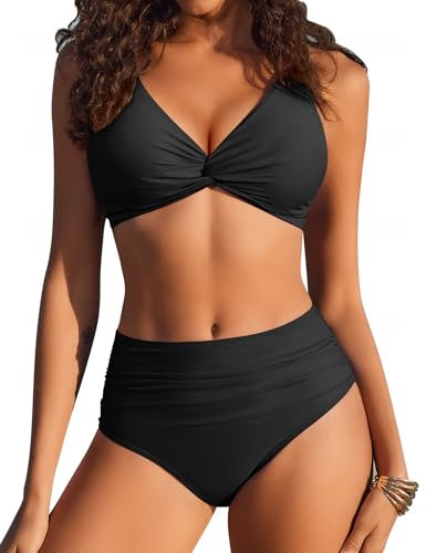 AI'MAGE Bikini Damen Set Sexy Oberteil und Höschen High Waist Bademode Bauchweg Schwarz XL