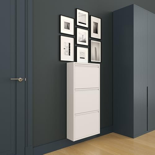 furni24 Schuhschrank Schmal – Platzsparender Metall-Schuhschrank mit Magnetklappen, Platz für 6-10 Paar Schuhe, Robuster Hoher Schuhschrank, Wandmontierbar und Vormontiert - 3 Klappen, Weiß