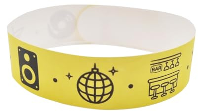 FUN LINE | Pack 100 armband | Tyvek pappersarmband dekorerade självhäftande lås numrerade vattentäta armband | armband för barn och vuxna, identifiering för evenemang (gul, DISCOTECA)