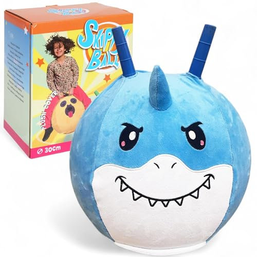 MIJOMA Skippy Ball 30 cm – Hüpfball mit Tiergesicht & Plüschbezug – Hopper Ball für Kinder – aufblasbar – weich & robust (Hai - blau)