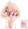 Wood Homing Completed Crochet Flowers Bouquet - Pink Knitted Flowers Bouquet with Gift Bag Greeting Card String Light Tulip Artificial Floral Arrangement Gift for Anniversary Graduation Mother's Day