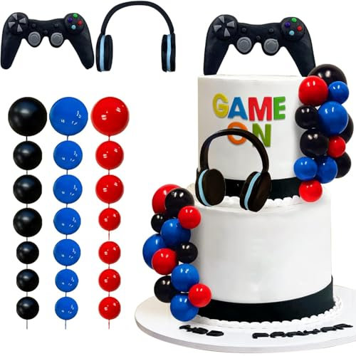 30 PCS Video game themes Cake Toppers,Headset Cake Decoration Ball, Controller Cakes Decorations for Birthday Party Cake Decorations