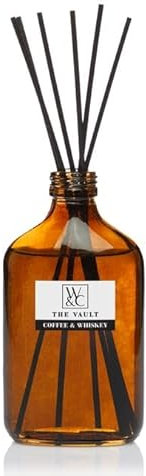 The Vault Coffee & Whiskey Reed Diffuser, Amber Glass Bottle, Black Reeds