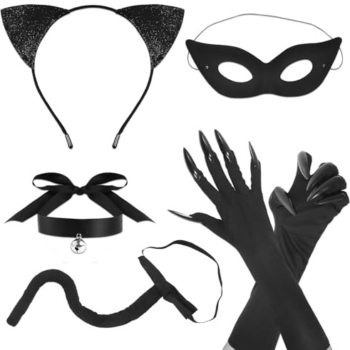 6pcs Black Cat Costume Set, Cat Noir Costume, Catwoman Mask, Sequins Black cat Ears cat Tail Masquerade Eye Cover Tail Cats Claw Gloves Choker, Catwoman Costume Accessories for Women Cosplay