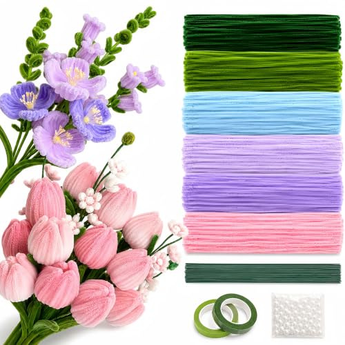 600 Stück Pfeifenreiniger Set, Chenilledraht zum Blumen Basteln, 6 Farben | Komplettes Bastelset mit 30 Blumenstielen, 2 Floristenbändern und 100 Perlen – ideal für Tulpen, Sträuße, Deko und Geschenke