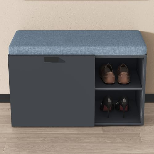 doporro Schuhbank mit Sitzfläche 80cm Schuhregal Soft-Close Stauraum | Schuhschrank mit Sitzbank, Verstellbare Regalbretter, Waschbares Sitzkissen, Matt Anthrazit, Flur, BxTxH:80x37x50cm, Zitta-01