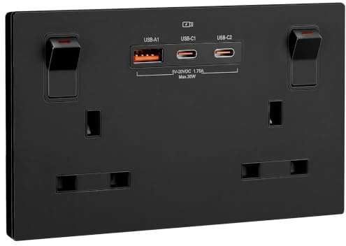 SURAIELEC Black Double Socket with 35W PD USB C, 2 Gang 13A Switched