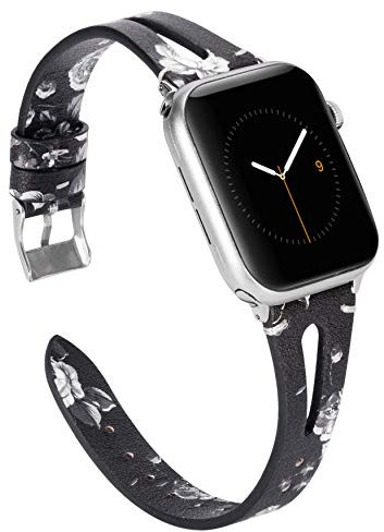 Wearlizer Leather Strap for Apple Watch Straps 41/38/40/42mm iWatch Womens Mens Triangle Hole Wristband Sport Replacement Bracelet Series 10 9 8 7 6 5 4 3 2 1 Edition - Black White Flower