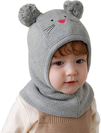 Magracy Baby Kleinkind Kinder Wintermütze mit Kapuze und Fleecefutter, Strickmütze, Schal mit Ohren Grau1-2 Jahre