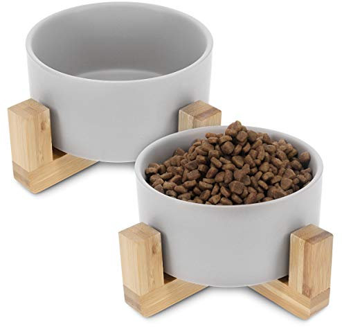 Navaris Lot 2X Bol en Céramique - Gamelle pour Chat Chiot 550 ML avec Support en Bambou - Set 2X Gamelle Surélevée avec Socle - Design Danois