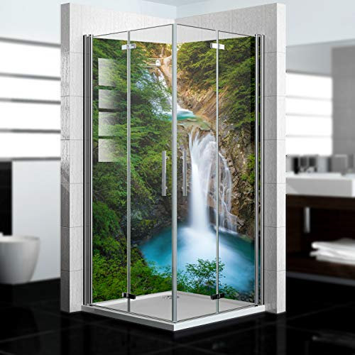 dedeco Eck-Duschrückwand wasserfest Motiv: Wasserfall V20 UV-Lack glänzend, 2 x 90x200 cm, Badrückwand, Fliesenersatz fugenlos Wandverkleidung Duschplatte Duschrückwände aus Aluminium, Made in Germany