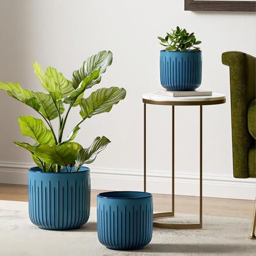 LE TAUCI 3er Set Blumentopf Keramik, 21+17+14 cm Durchmesser Ubertopf für Zimmerpflanzen, Pflanzkübel mit Drainagelöchern, Mittelgroßer Zylinder Ubertopf, Glasur Ozeanblau