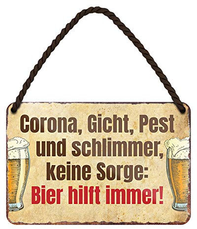 helges-shop Bier hilft Immer - witziges Metallschild mit Kordel und Saugnapf - lustiges Schild für Biertrinker und Genießer - Deko für Küche Restaurant Wirtshaus Biergarten Kneipe Pub Bar - 18x12cm