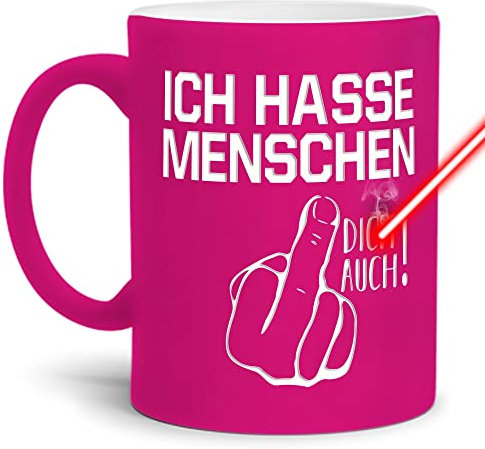PR Print Royal Neon-Tasse mit Gravur & Spruch - Ich Hasse Menschen, Dich auch! - Lustiges Geschenk, Geburtstag, Freunde, Kollegen, Weihnachten - Keramik-Tasse gravieren, Neon-Pink, 300 ml