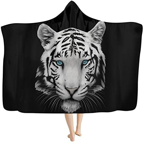 HUGS IDEA Tiger Kapuzendecke 3D Tiger Animal Print Wearable Flanell Überwürfe für Winter Patio Hinterhof Weiche Flauschige Heildecke für Sofa Couch Verdicken Vers