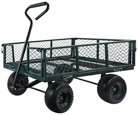 MOUNTALL Utility Steel Garden Cart Trolley 350kg Heavy Duty Black Mesh Gardeners Wagon, Folding Sides, 10 inch Pneumatic Tyres, Outdoor Cart for Gardening, Festivals, Camping