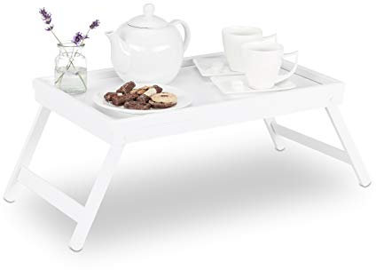 Set de 2 Bandejas de Bambú para la Cama con Patas Plegables, para Desayuno y Aperitivos, Sofá, 22 x 64 x 31 cm, Blanco