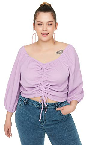 Trendyol Donna Crop Smock Abito Girocollo Maglia Plus Size Camicetta Camicia, Lilla, XX-Large