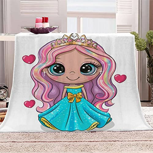 Kuscheldecke Kinder 130x150 cm 3D Cartoon Kleine Prinzessin Waschbar Microfaser mit Muster Blaues Kleid Flanell Decke Wohndecke Weiche Warme Fleecedecke Sommer Sofadecke Couchdecke