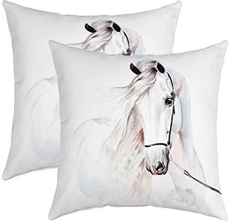 Nettes galoppierendes Pferd Kissenbezüge 45x45cm 2er Set Kissenbezüge Weiches Pferd Kissenbezug Kissenhütte für Wohnzimmer Schlafzimmer Kawaii Tier Dekor Weiß Sofakissen Couchkissen für Sofa