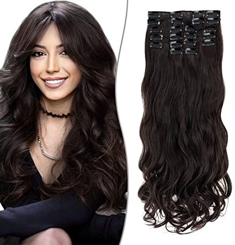 SEGO 55cm Clip in Extensions 12 Teiliges SET 22 Clips wie Echthaar Haarverlängerungen Haarteile Gewellt günstig für Voller Kopf 180g Dunkelbraun