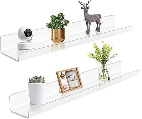 ROYALITA 61 cm Acryl schwebende Bücherregale Wandmontage 2er Set Wandbehang Pflanze Display Regale Raumdekor Schwebende Wandregale für Spielzimmer, Schlafzimmer, Wohnzimmer, Büro, Klar