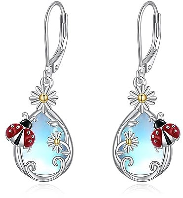 Mondstein Ohrringe 925 Sterling Silber Schmetterling/Libelle/Biene Blume Leverback Baumeln Tropfen Ohrringe Schmuck Geburtstag Geschenke für Damen Mädchen ﻿ (Marienkäfer)