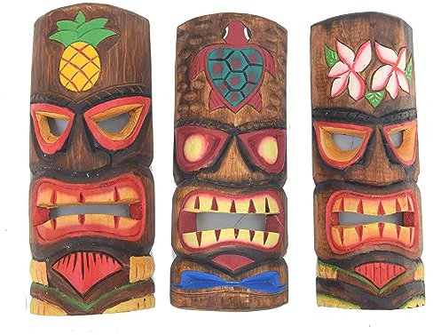3 Tiki Holzmasken 30cm im Hawaii Style 3er Set Holzmaske Wandmaske Tiki Maui