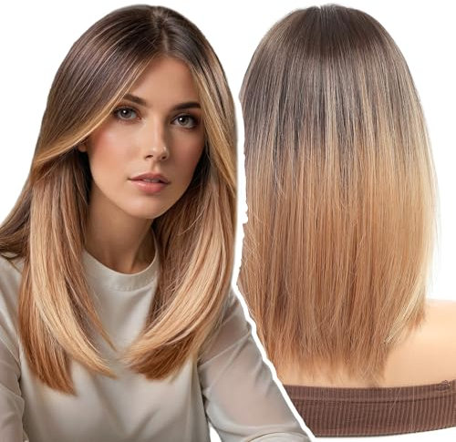WOKESTAR Bob Perücke mit Fransen Kurze Ombre Champagne Blonde Farbe Perücken für Frauen, Bob Style Synthetische Hitzebeständige Bob Perücken
