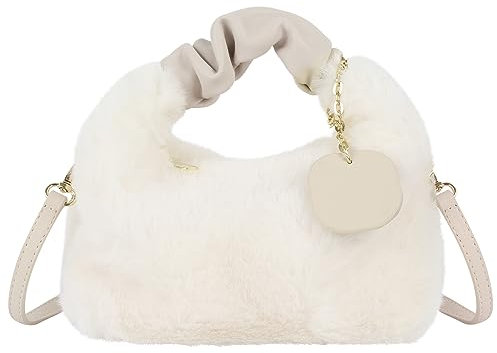 Meliyya Damen Fellimitat Schultertasche Plüsch Umhängetasche Flauschige Handtasche mit PU Leder Gurt Plüsch Griff, Weiß