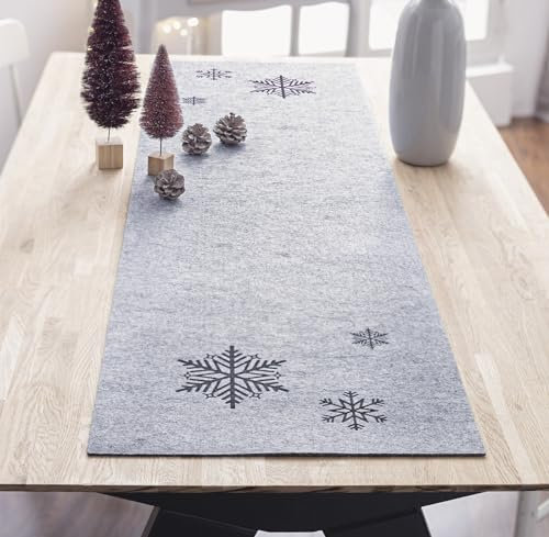 Dekoleidenschaft Tischläufer Schneeflocke aus Filz in grau, 40x140 cm, Mitteldecke, Tischband mit Winter-Motiv, Weihnachtstischläufer