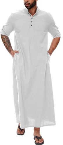 YAOHUOLE Herren Kaftan Langarm Freizeit Thobe Mit Taschen Weiß L