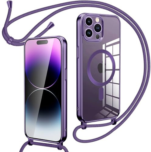 Oelrstfe Collier Coque avec Cordon pour iPhone 14 Pro Max,Transparent Réglable Étui Chain Chaine Housse de Souple Silicone Antichoc Etui Bandouliere Laniere - Violet