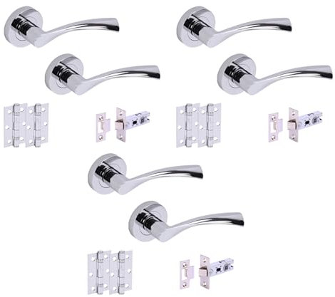 HANDLEZONE® 3 Sets Lobo Internal Door Handles on Rose Lever Latch Packs with 75mm Ball Bearing Hinges and 65mm Latches - Polished Chrome