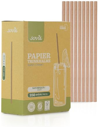 Sovie Strohhalme Papier Naturbraun - Trinkhalme Plastikfrei - FSC-zertifiziert, Made in Europe, Biologisch Abbaubar - Ø6 mm - 20cm Länge - 250 Stück