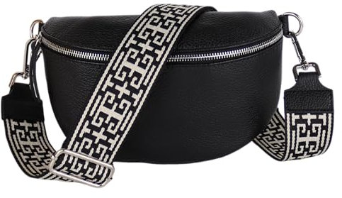 MIRROSI® Bauchtasche Damen, Echtleder, Made in Italy, Umhängetasche, Brusttasche, Crossbody Bag (1 Tasche & 2 Gurte) (Schwarz (Plus), Große Tasche (28x18x9cm))