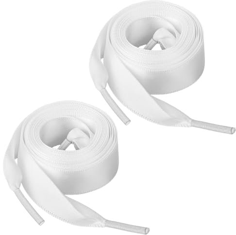 KALIONE 2 pares de cordones de seda blanca, cordones de cinta de raso, cordones planos de cinta de raso de 2 cm de ancho para mujeres y hombres, zapatillas de lona zapatos casuales (blanco), Blanco