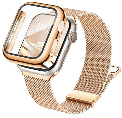Raradev 3-in-1 Compatible with Apple Watch Metal Straps 45mm with Case & Screen Protector, Dual Magnetic Band and Protective Cover with 9H Tempered Glass for iWatch Series 9/8/7, Rosegold