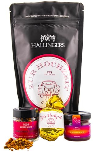 Hallingers Genuss Manufaktur Feinkost Liebes-Geschenk-Set - wertig in der Wundertüte Zur Hochzeit kleiner Hochzeitsgruß Nougat-Busserl, Eistee & Erdbeer-Konfitüre, Geschenkidee für Brautpaar