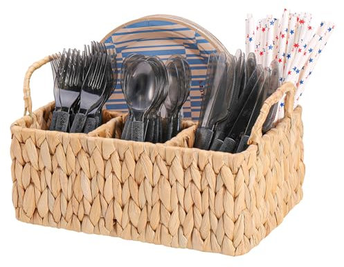Niuirt Hand-Woven Wicker Silverware Organizer, Water Hyacinth Cutlery Holder with Handle