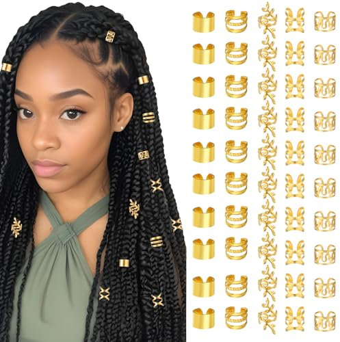 Tyqour 50 Stück Gold Haarschmuck für Zöpfe, Verstellbar Metall Dreadlocks Schmuck, Ring Braids Schmuck, Zopfschmuck Mit Goldenen Anhängern, Hair Accessories Loc Hair Jewelry For Women Braids