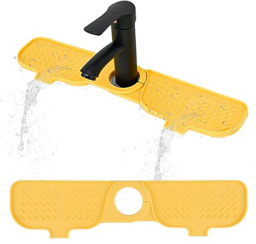 Kitchen Sink Splash Guard Silicone Faucet Mat with 5° Slope Rotatable Sink Tap Drip Catcher Tray for Kitchen and Bathroom Dish Drying Faucet Pad Draining Dish Dispenser Hole (Yellow)