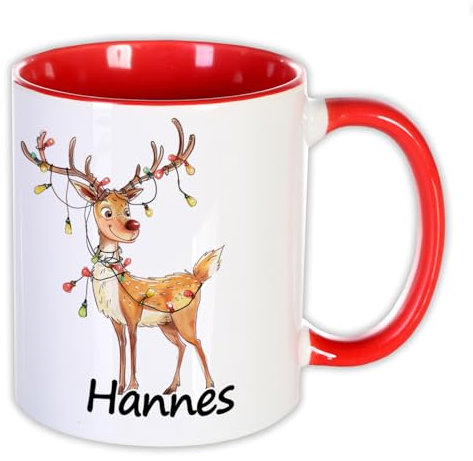 Unikatolo Weihnachtstasse mit Name personalisiert, lustig witziges Wichtelgeschenk Winter-Tasse Kinder Erwachsene rot weiß Glühwein-Becher Nikolaus Wichteln kleine Geschenkidee niedlich (Rentier)