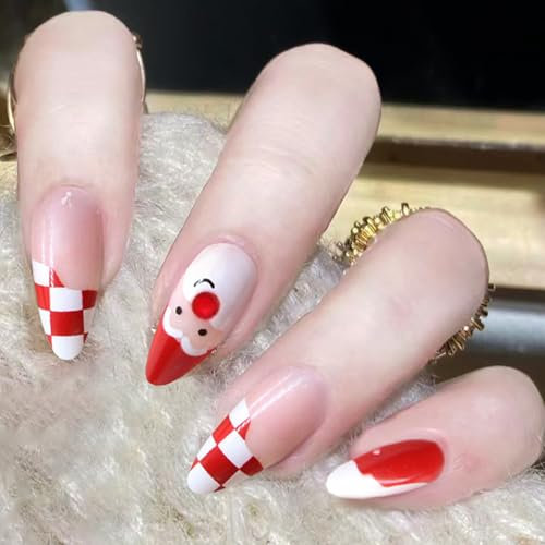 Ceboic Christmas Press on Nails Almond Long, 24Pcs Red White French False Nails with Cute Santa Claus Design, Acrylic Full Cover Fake Nails Kit, Winter Natural Stick on Nails for Women and Girls